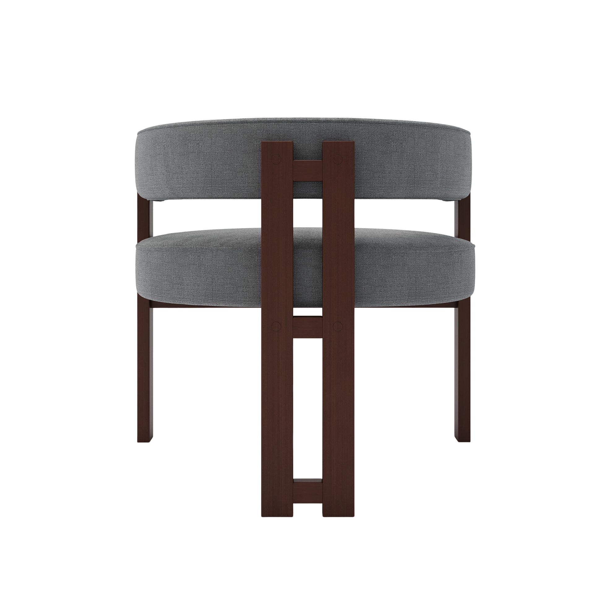 Modern grey upholstered chair with dark wood frame and minimalist design
