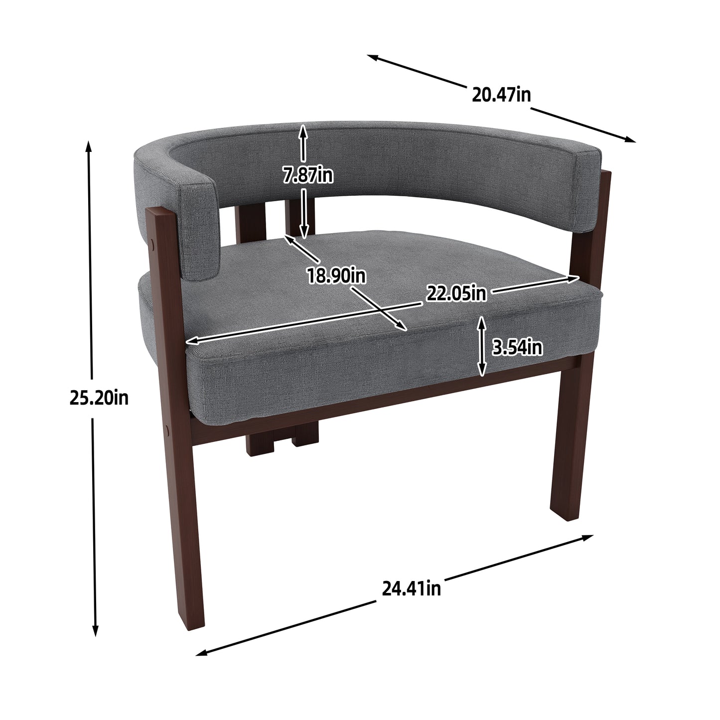 Curved back accent chair with gray fabric upholstery and dark wood legs