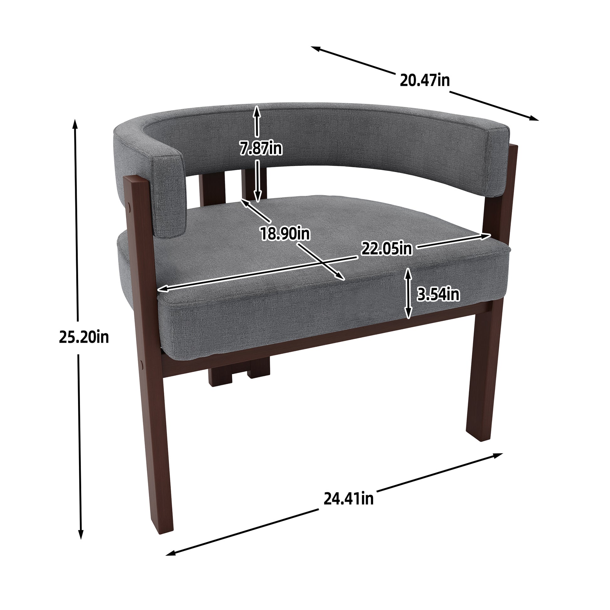 Curved back accent chair with gray fabric upholstery and dark wood legs