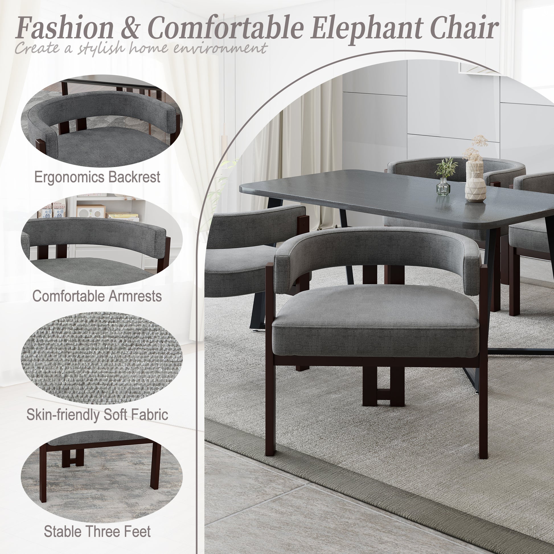 Gray upholstered dining chair with curved backrest and comfortable armrests