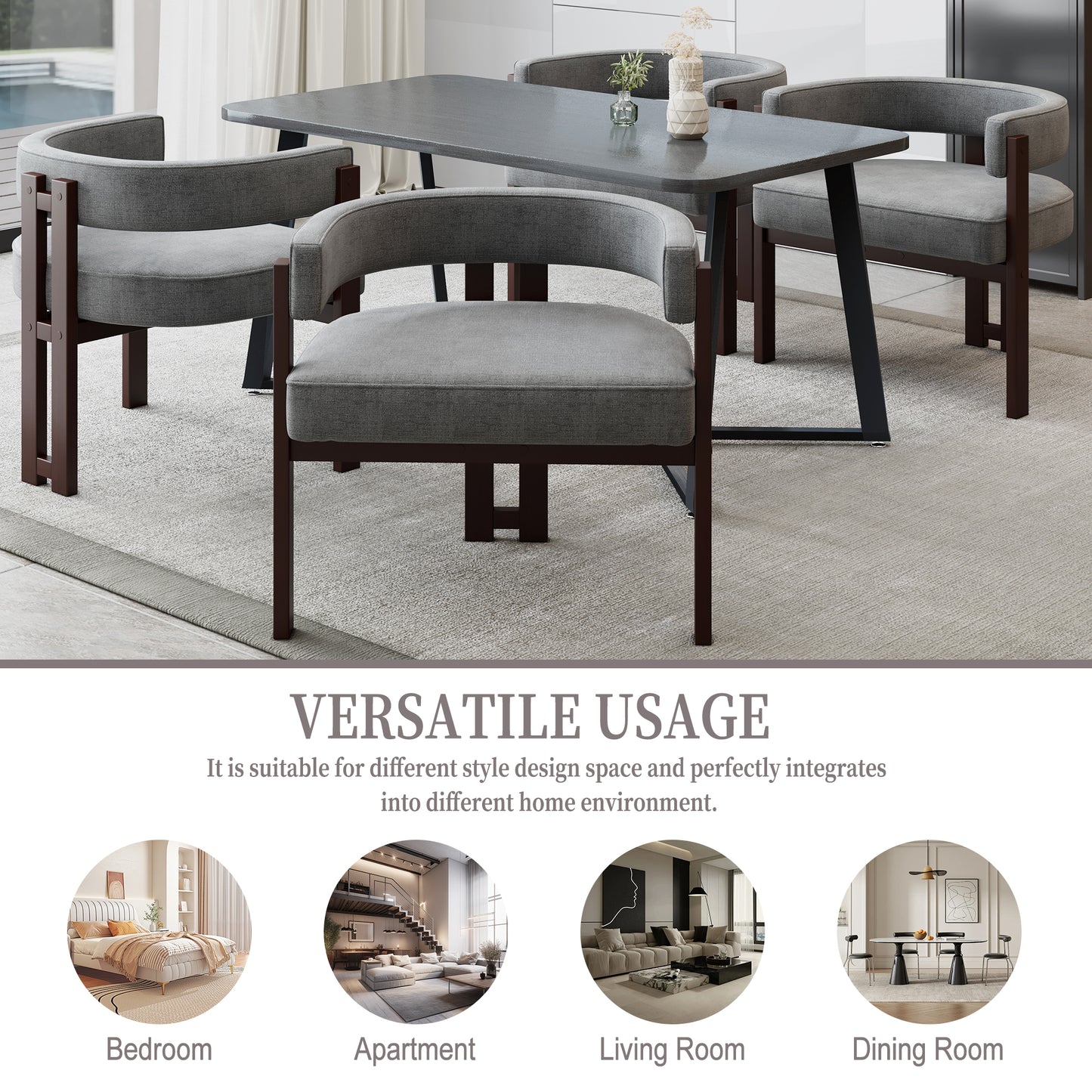 Gray upholstered dining chair with dark wood frame and curved back for modern interiors