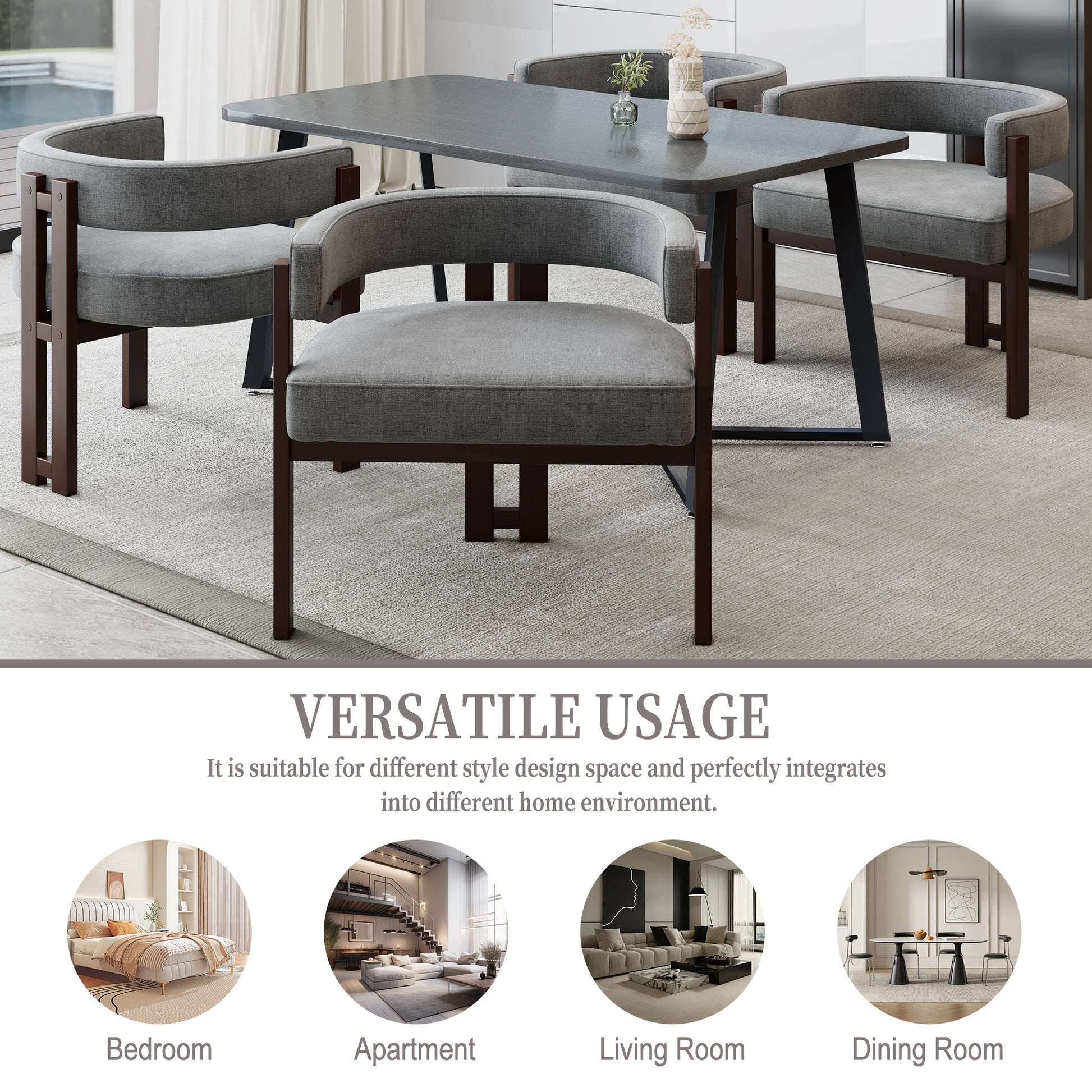 Gray upholstered dining chair with dark wood frame and curved back for modern interiors