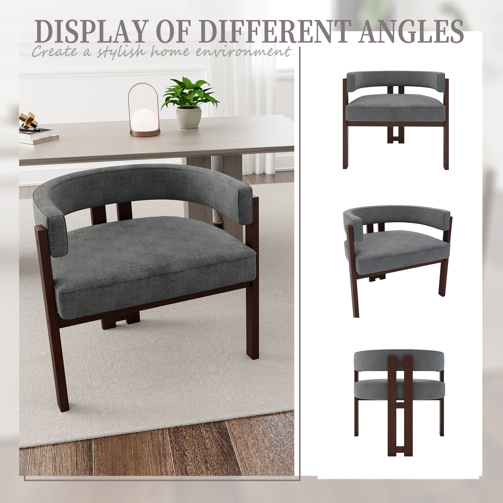 Grey upholstered accent chair with curved back and dark wood frame