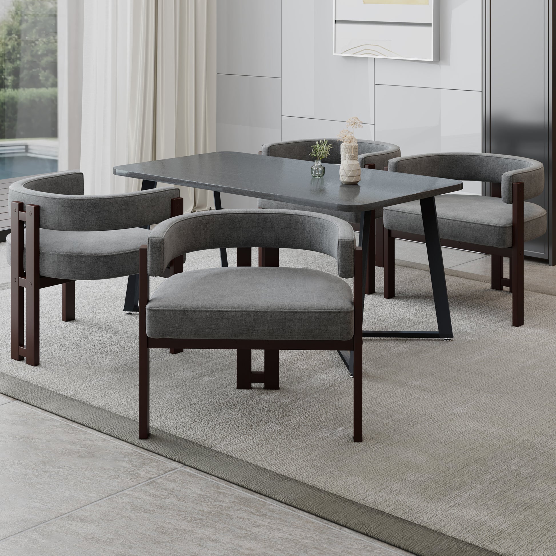 Gray upholstered armchair with dark wood frame contemporary design