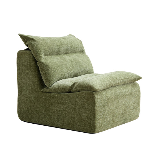Plush olive green armchair with textured fabric and oversized cushions perfect for modern living rooms