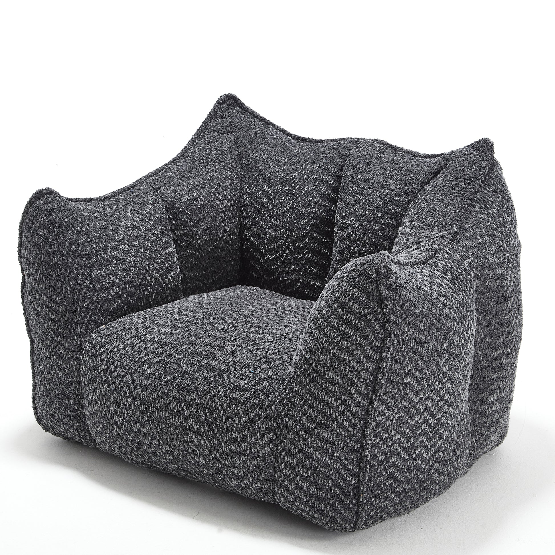 Dark grey boucle fabric armchair with curved arms perfect for modern living rooms