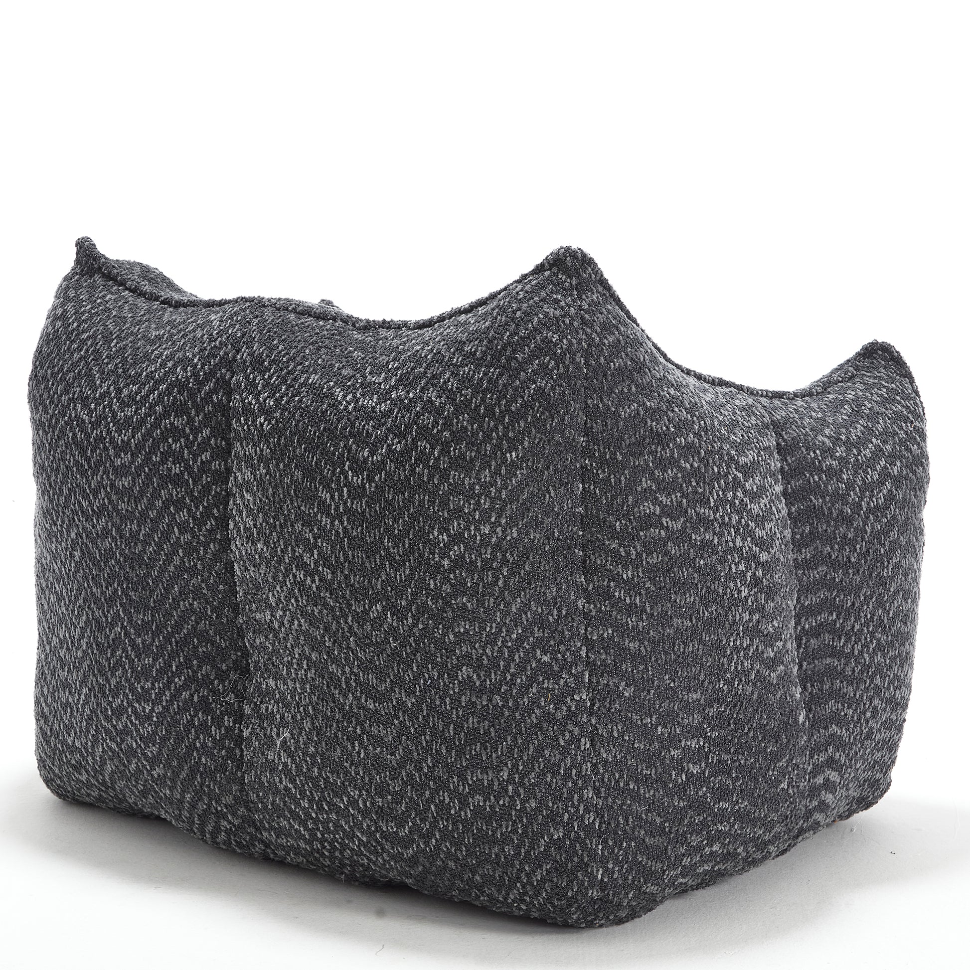 Dark grey upholstered ottoman with a textured fabric and modern design