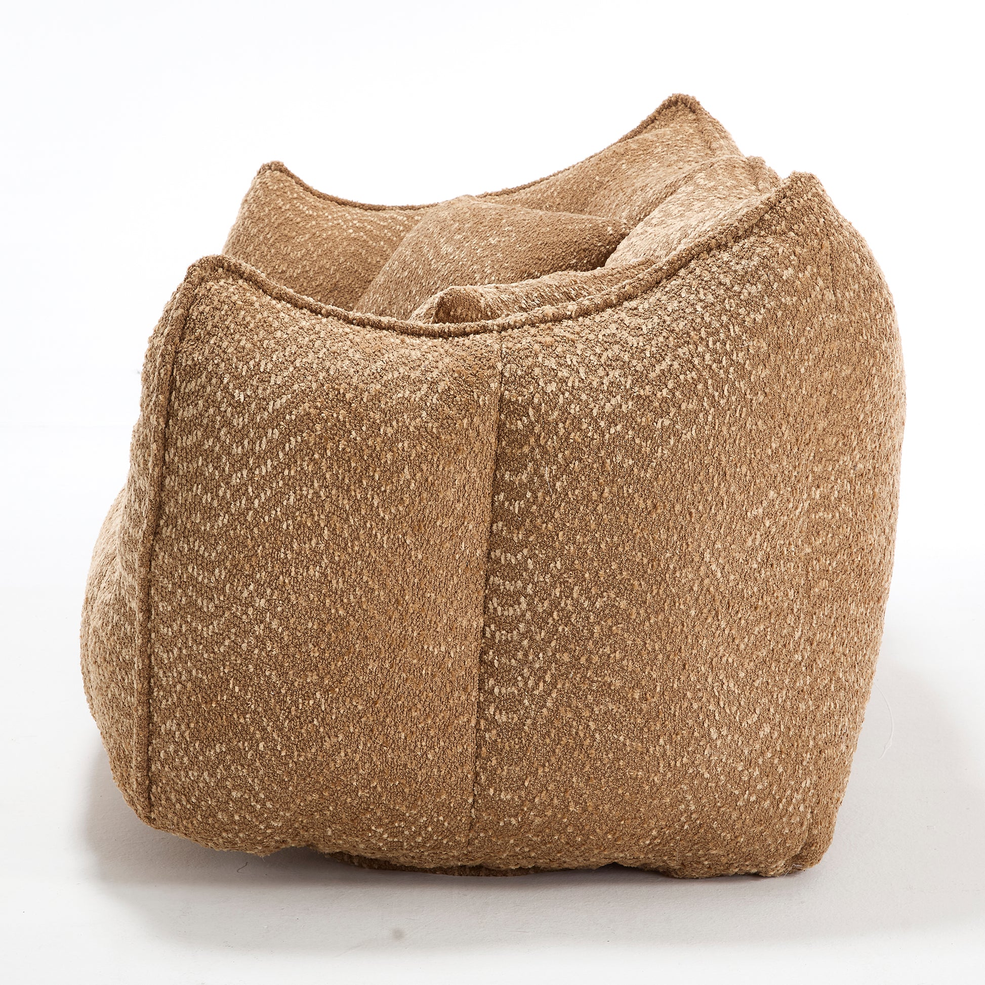 Textured brown fabric bean bag chair with plush cushioning