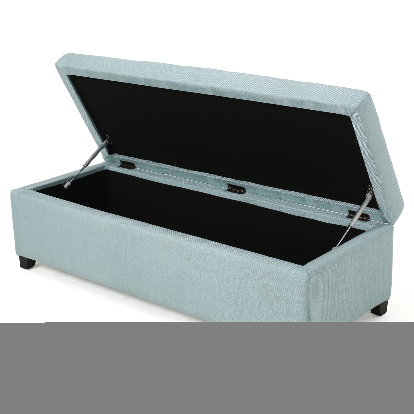 Light blue upholstered storage bench with lid open revealing black interior and gas lift hinges