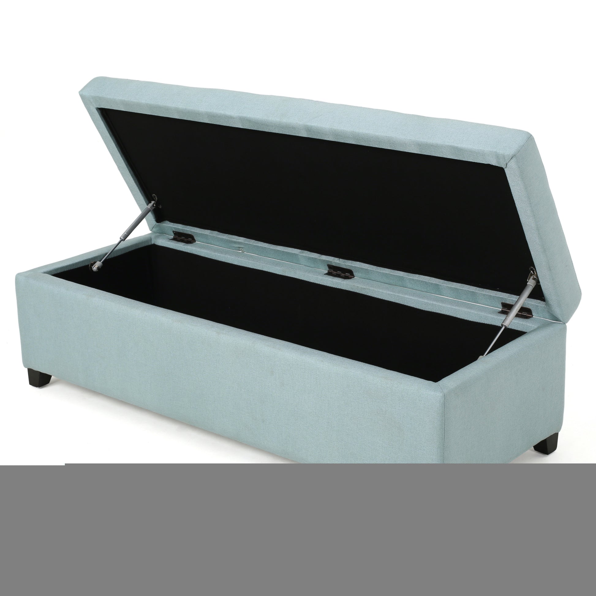 Light blue upholstered storage bench with lid open revealing black interior and gas lift hinges