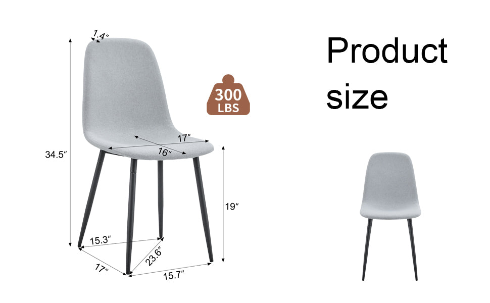 Light grey upholstered dining chair with black metal legs dimensions indicated