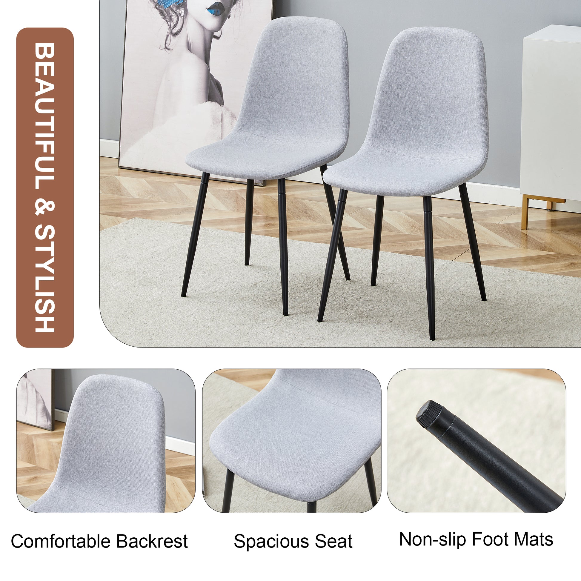 Two light gray upholstered dining chairs with black metal legs