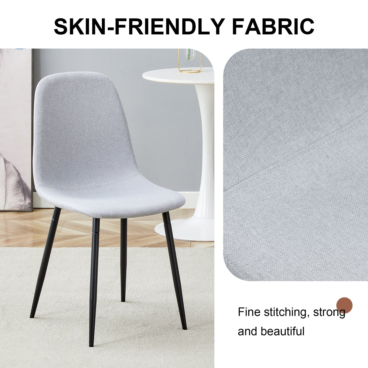 Light grey fabric dining chair with black metal legs