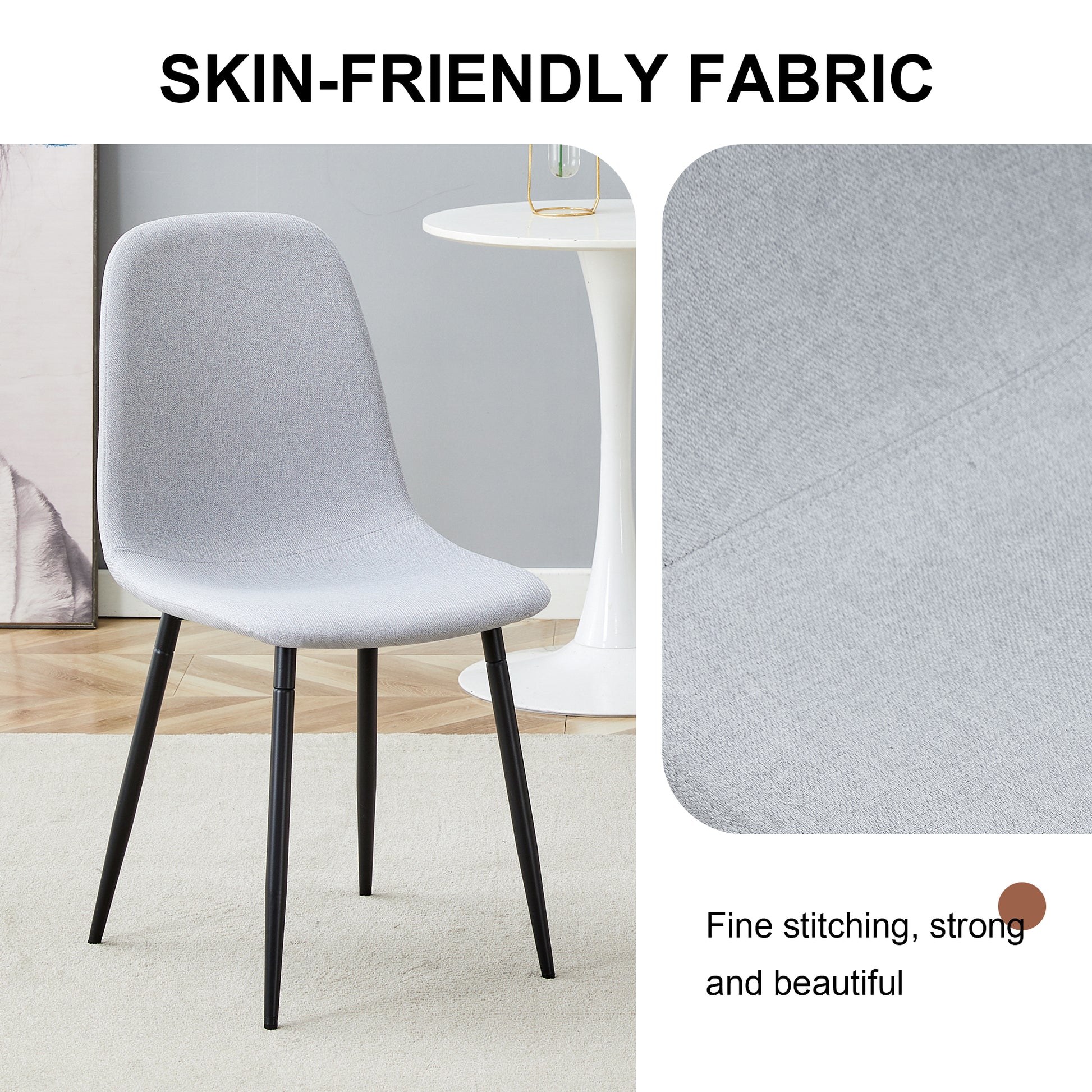 Light grey fabric dining chair with black metal legs