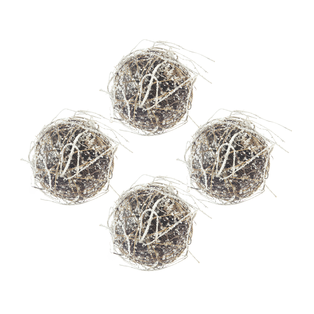 Four natural twig decorative orbs with white glitter accents