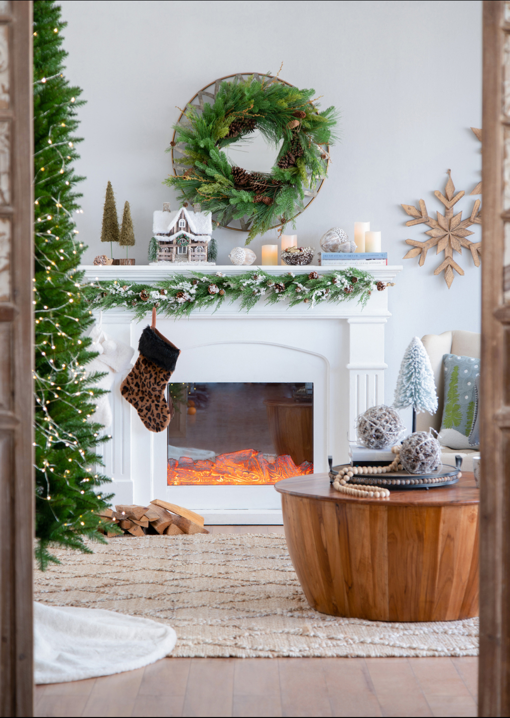 Realistic electric fireplace with glowing orange flames perfect for cozy winter evenings