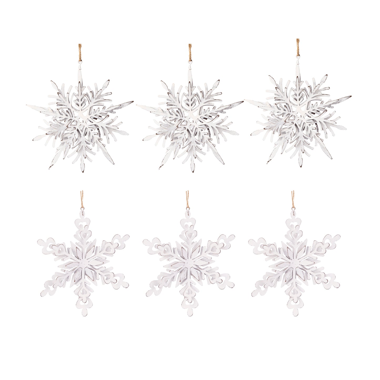 Set of six distressed white wooden snowflake ornaments for Christmas decor