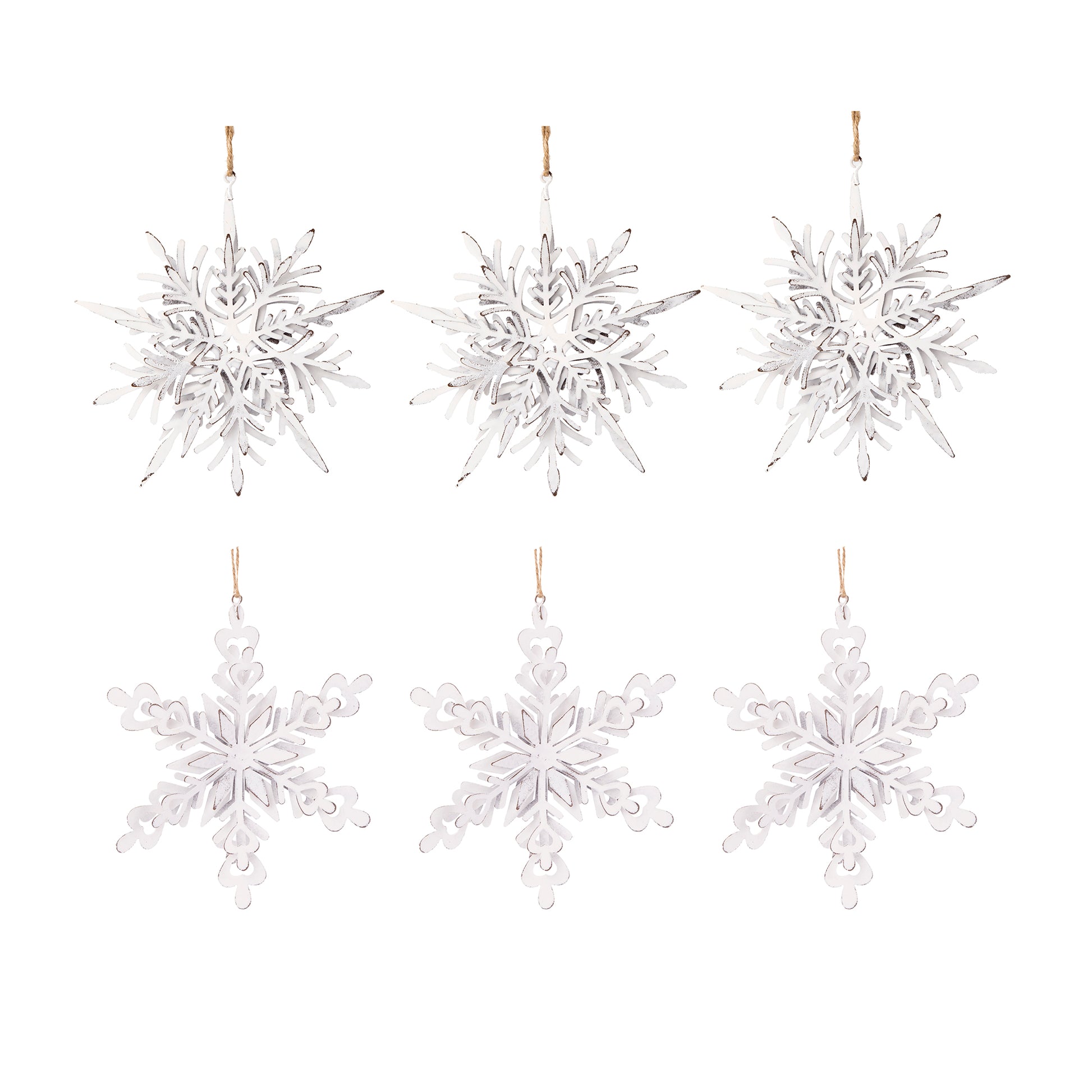 Set of six distressed white wooden snowflake ornaments for Christmas decor