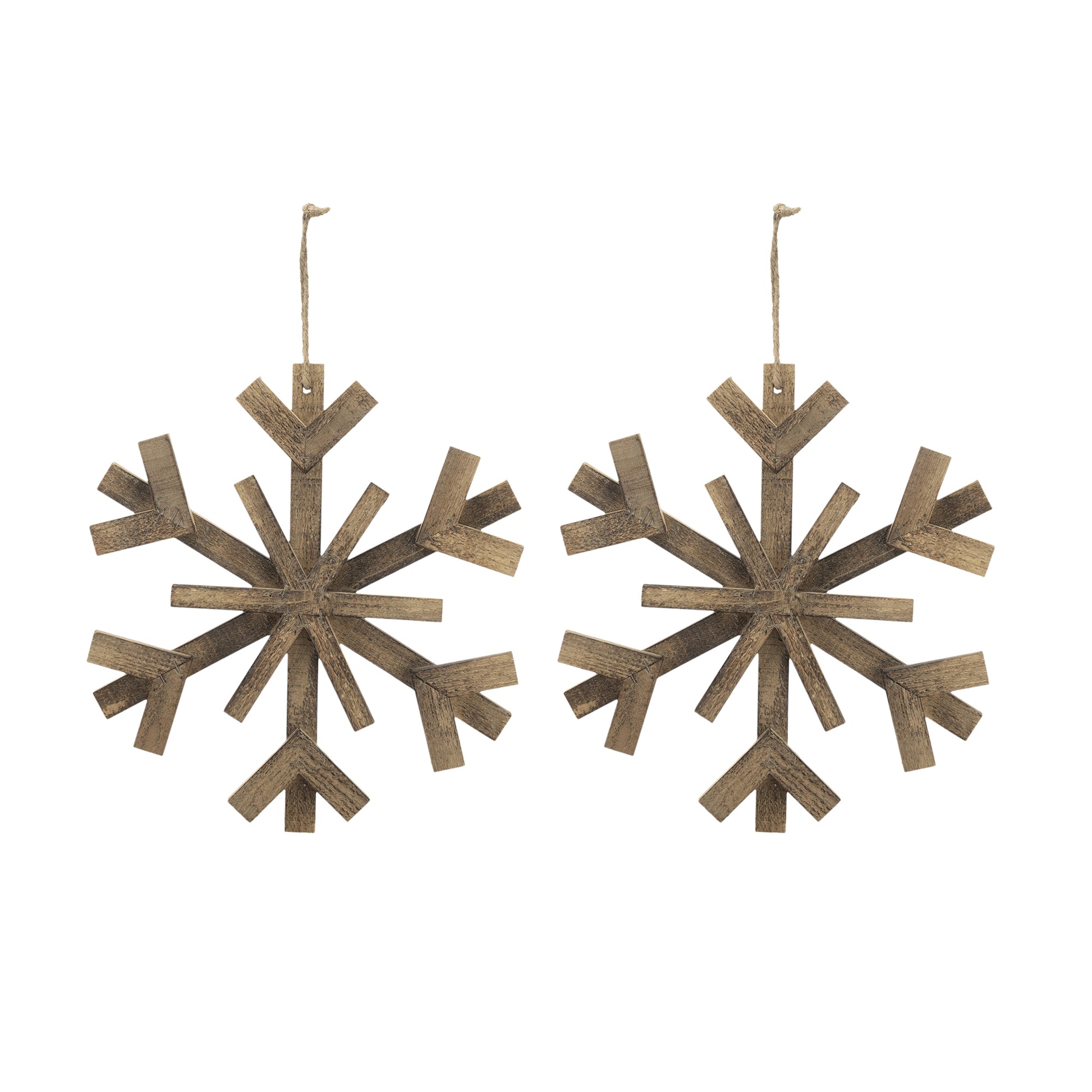 Set of two rustic wooden snowflake ornaments perfect for winter decor