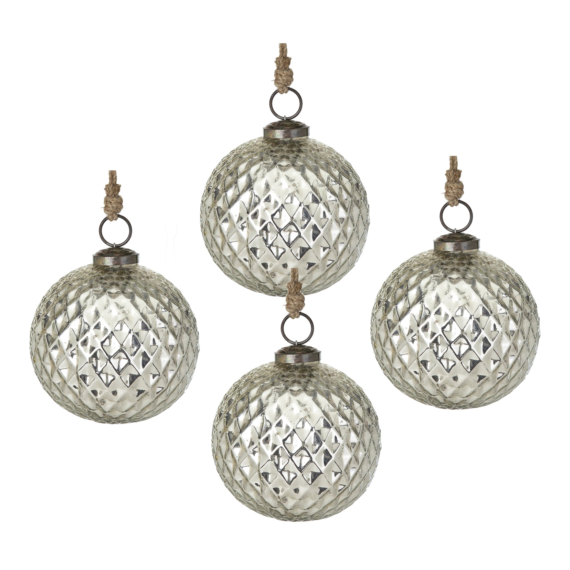Four mercury glass Christmas ornaments with diamond pattern texture