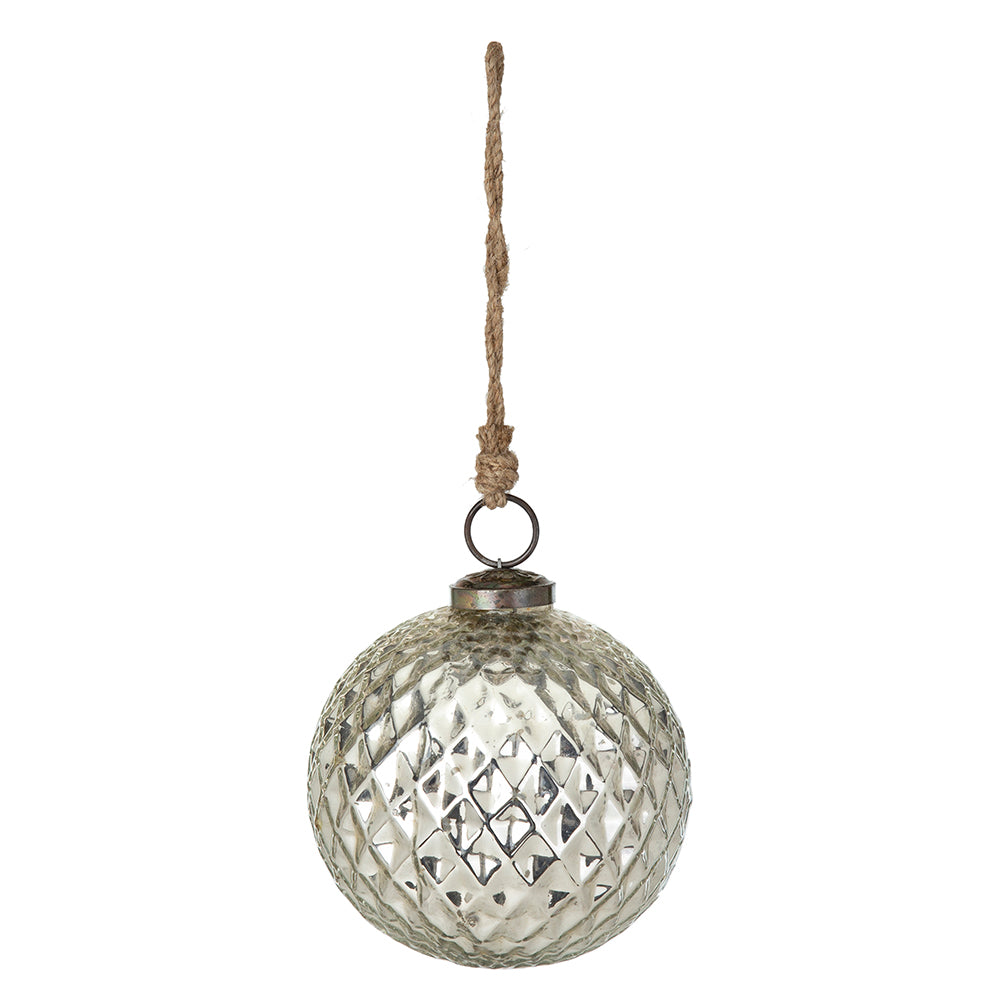 Textured antique silver glass Christmas ornament with jute hanger