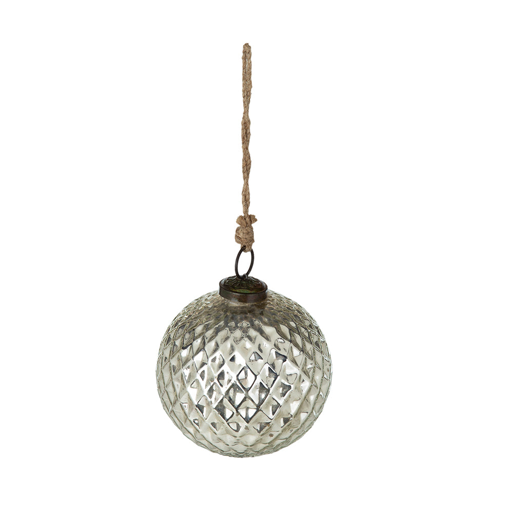 Textured silver glass Christmas ornament with jute hanger