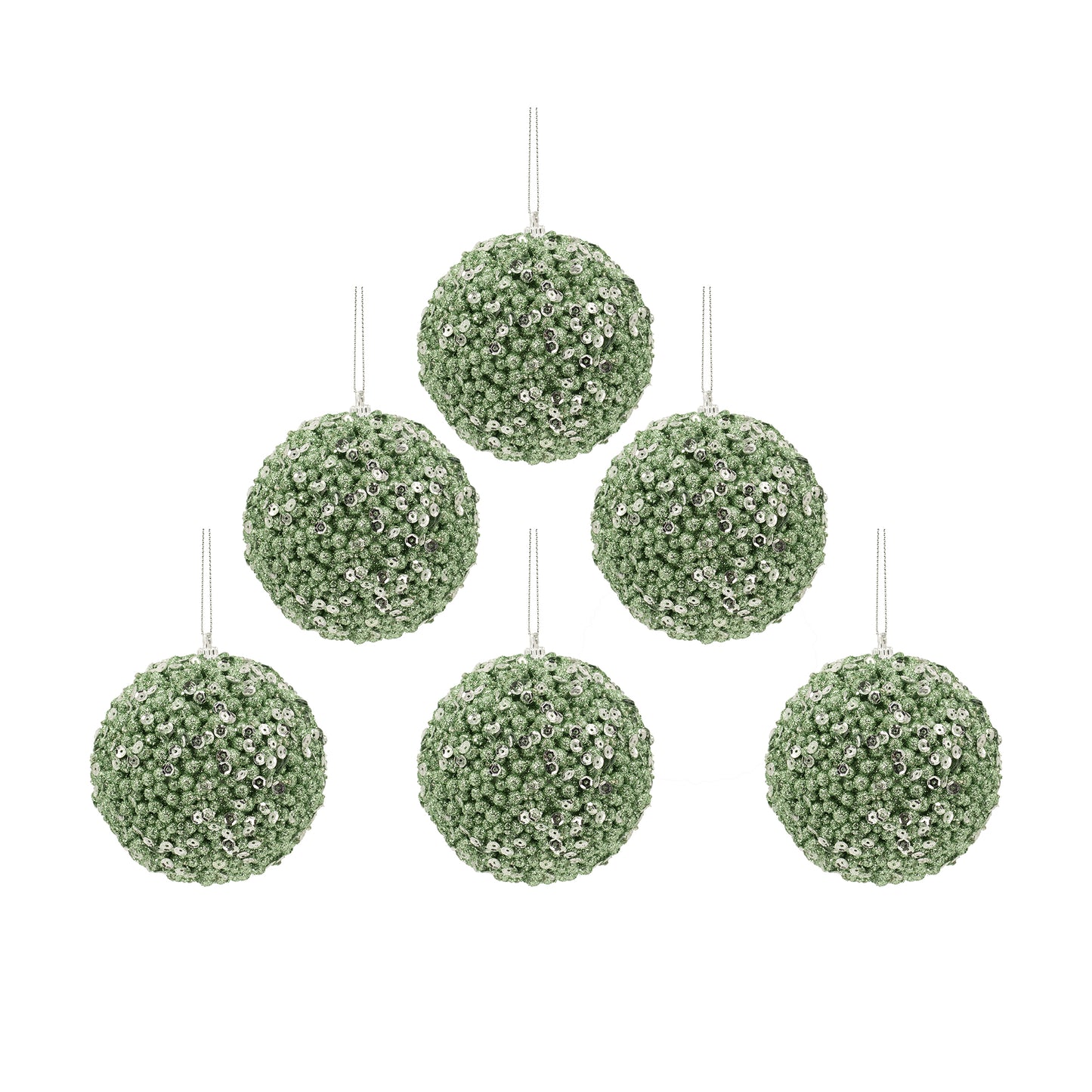 Set of  light green glitter and sequin baubles perfect for festive Christmas tree decoration