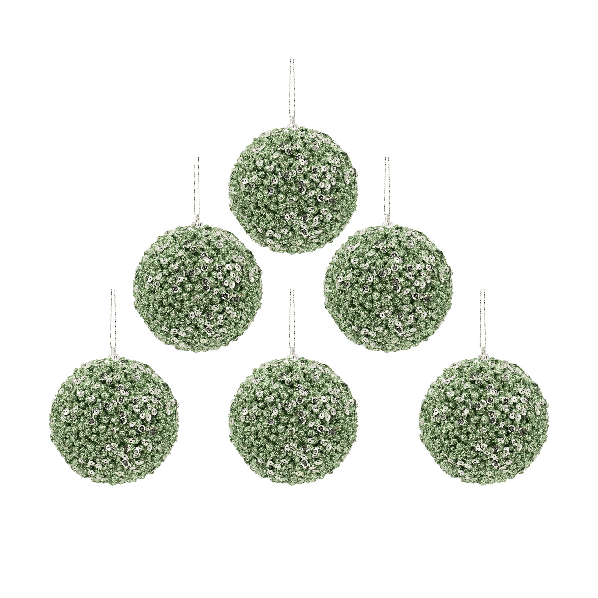 Set of  light green glitter and sequin baubles perfect for festive Christmas tree decoration