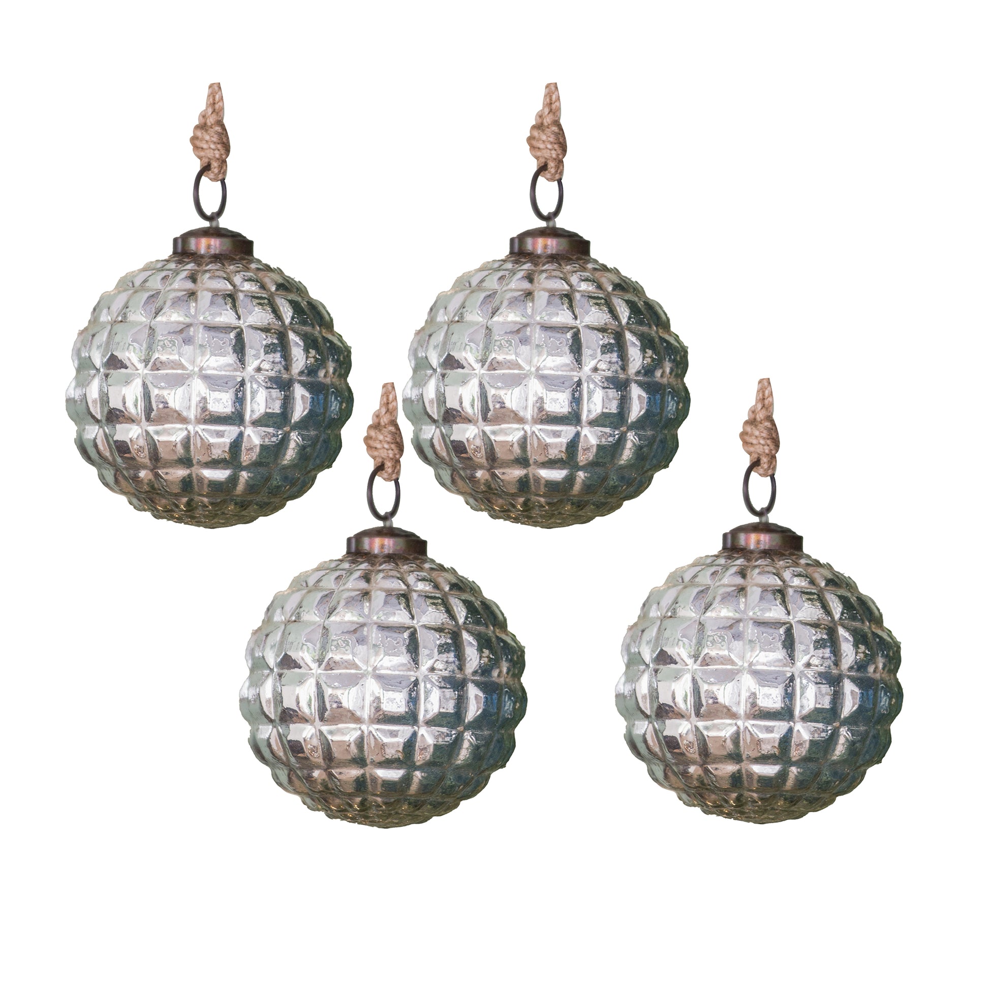 Four textured glass ornaments with rope hangers ideal for festive Christmas decor