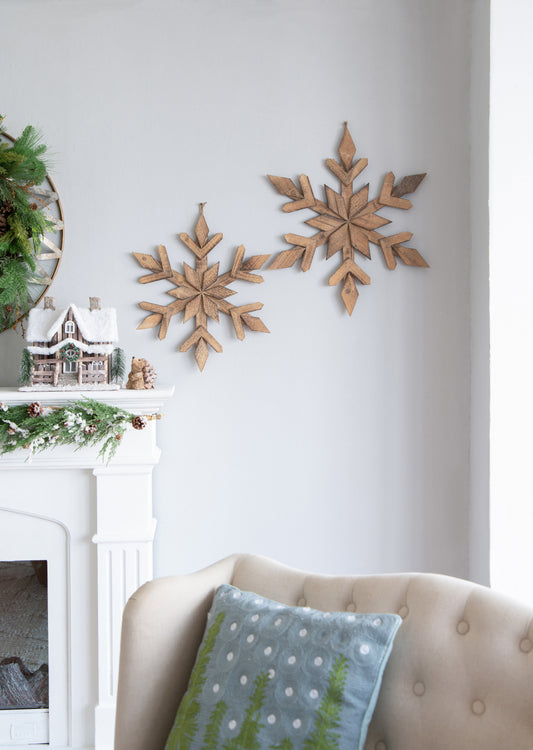 Rustic wooden snowflake wall decor natural wood tone set of two