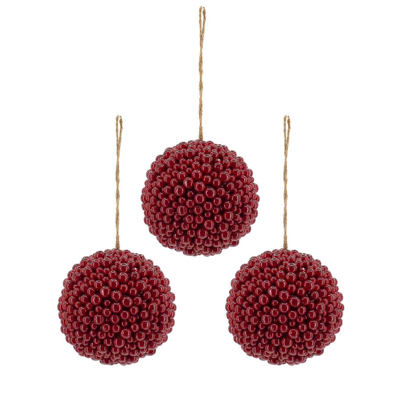 Three deep red beaded sphere ornaments hanging with jute string