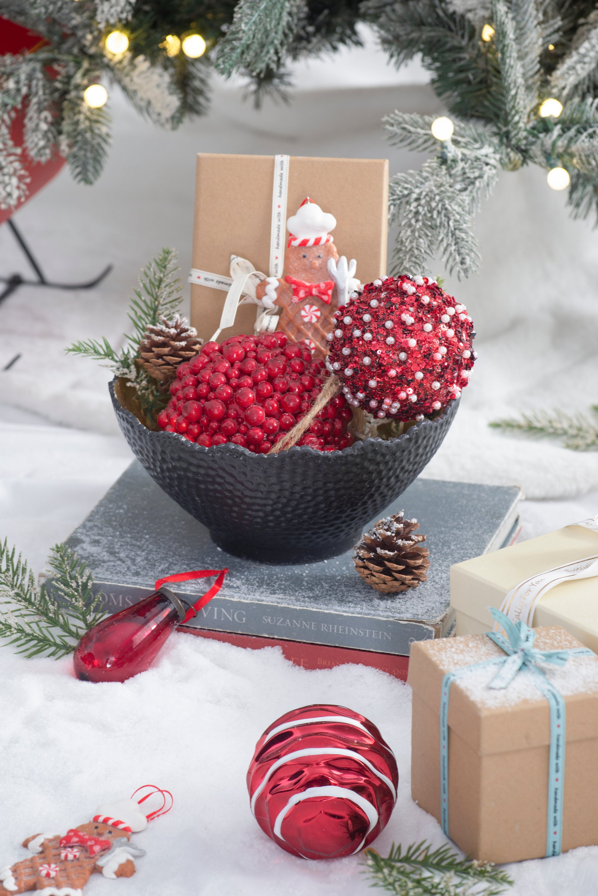 Red glitter bauble with pearl accents festive Christmas decor