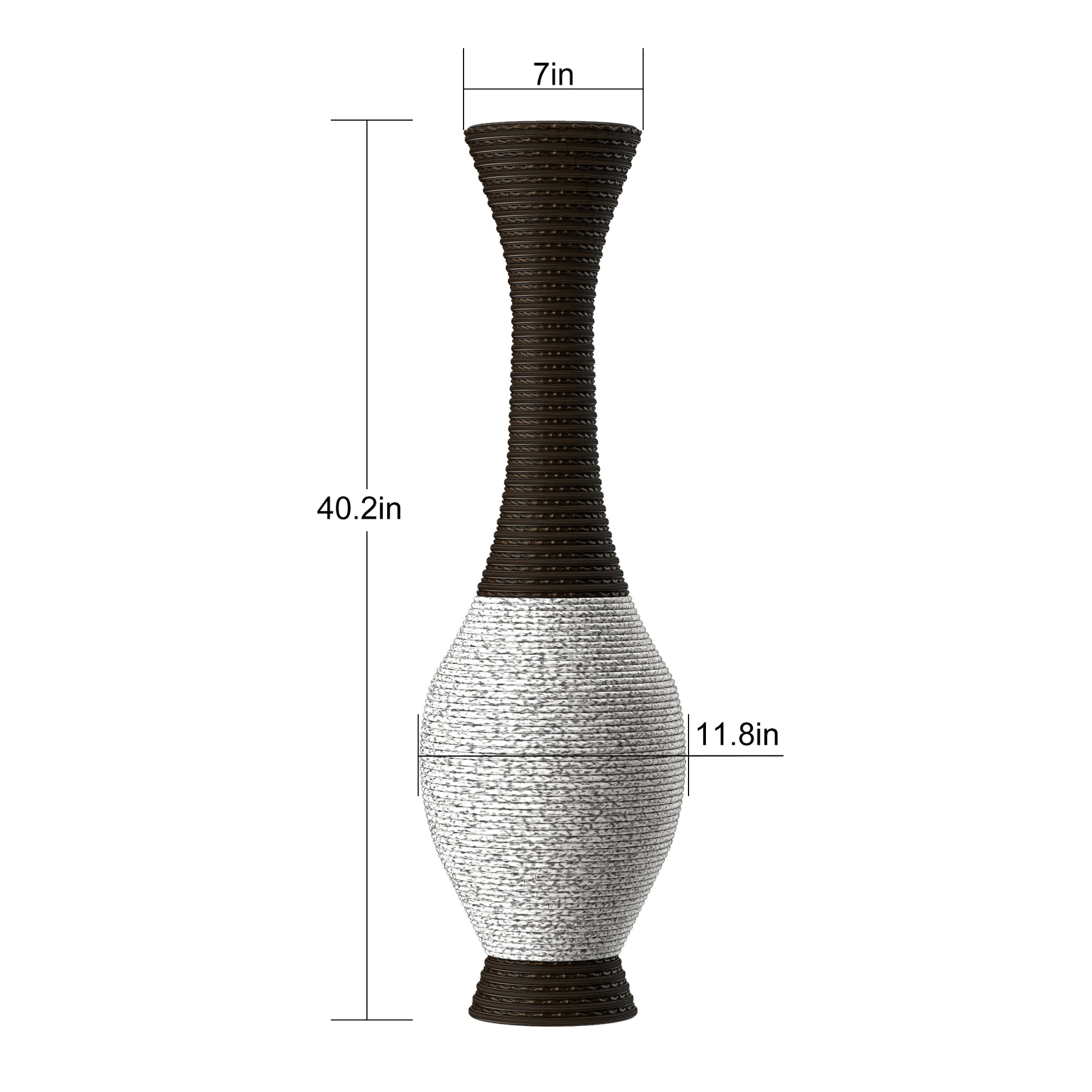 Tall dark brown and white woven floor vase  inches high