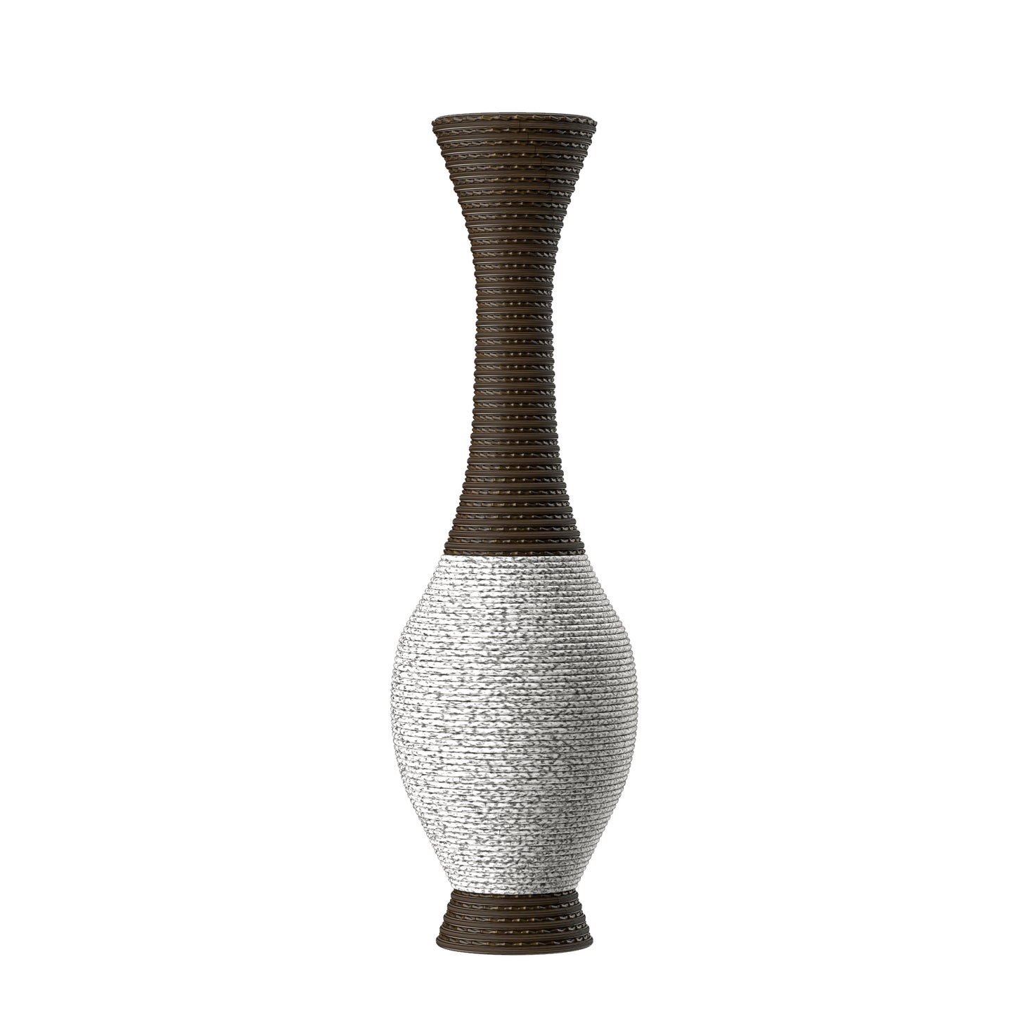Tall textured vase with dark brown ribbed top and textured white body