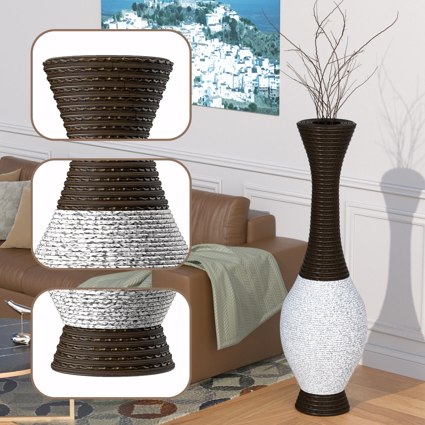 Tall dark brown woven vase with white textured base and dried branches