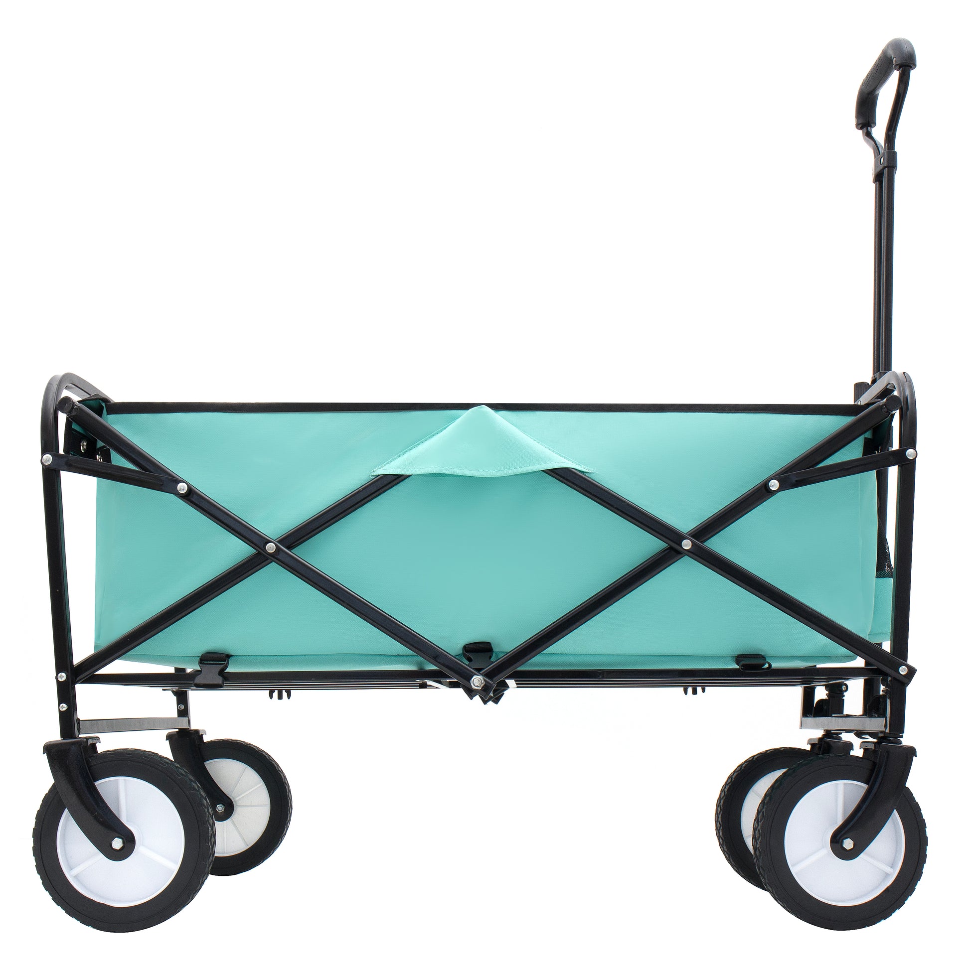 Teal folding wagon with black frame and wheels for beach trips and camping