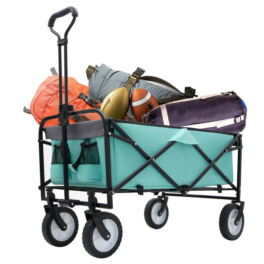 Aqua folding wagon filled with gear including two footballs and duffel bags for outdoor adventures
