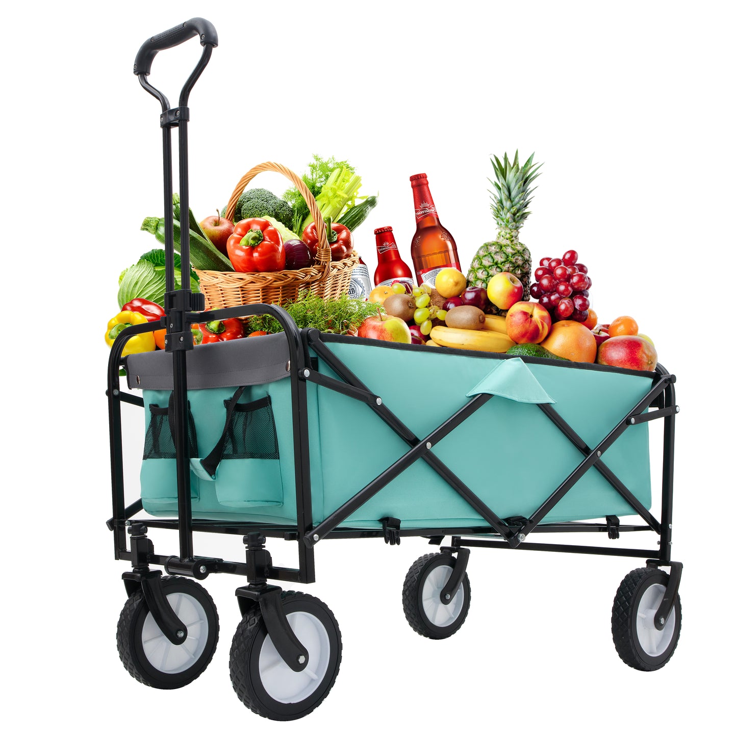 Teal collapsible wagon loaded with fresh produce including fruits vegetables and beer bottles