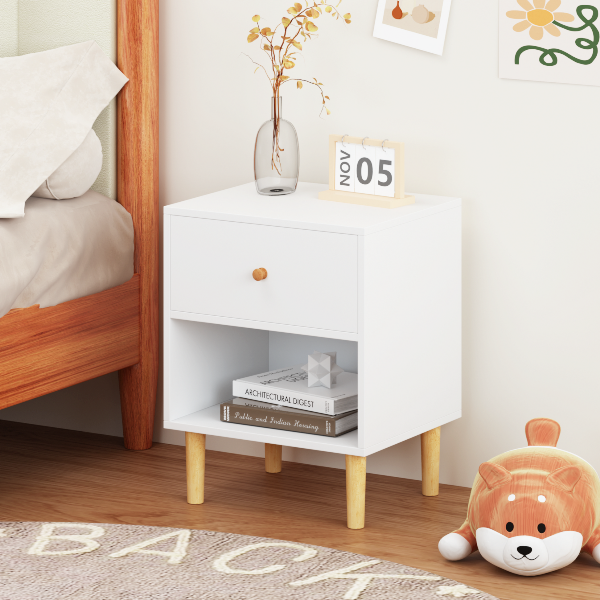 White bedside table with drawer and open shelf perfect for modern bedrooms