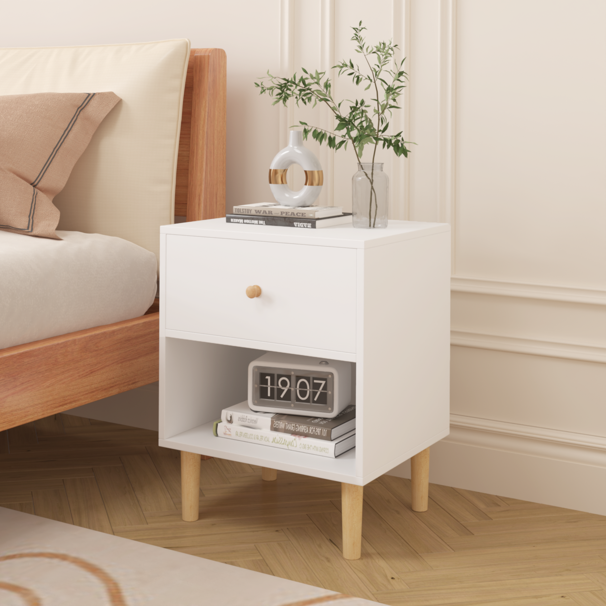 White minimalist nightstand with one drawer and open shelf