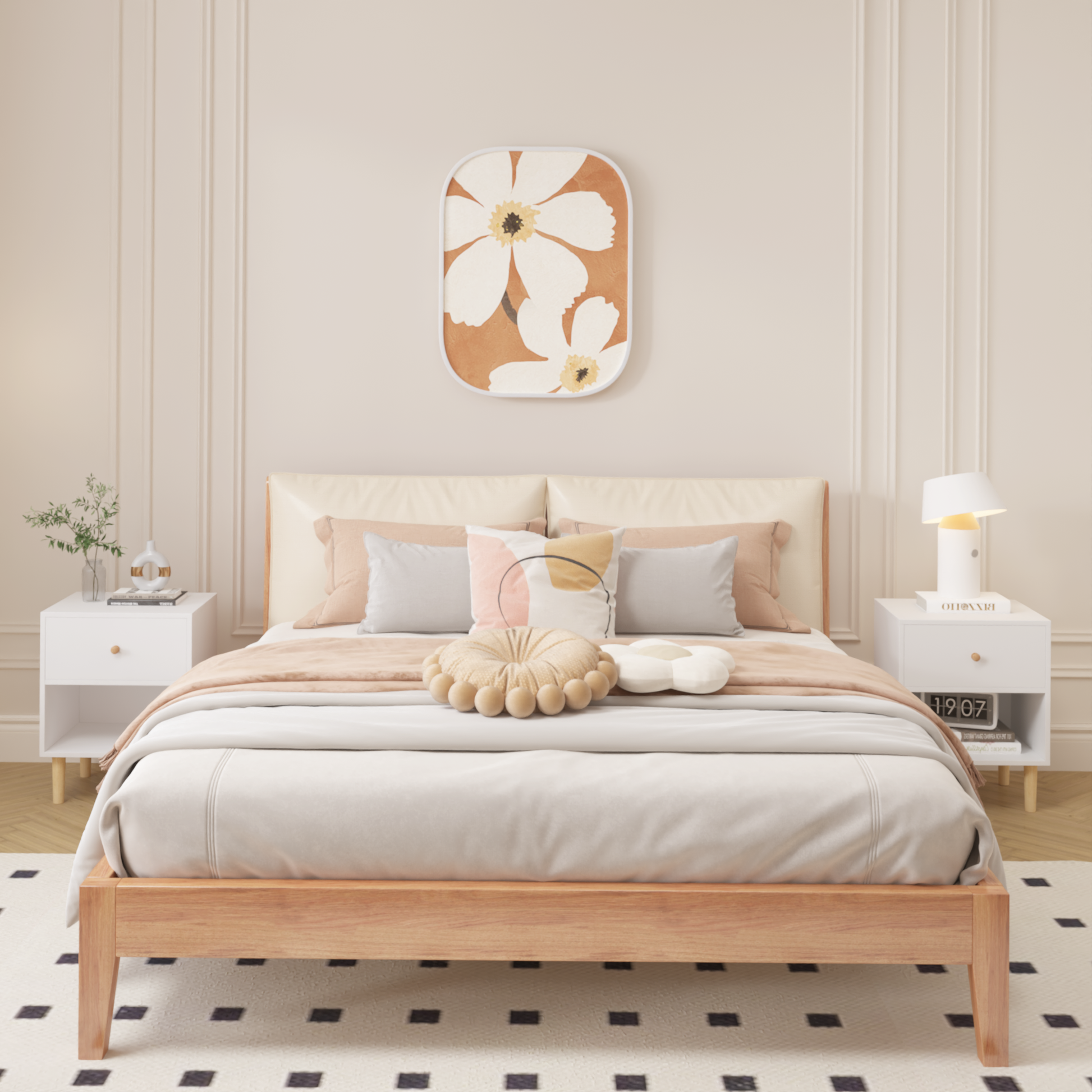 Modern wooden bed frame with upholstered headboard and neutral bedding Coastal bedroom design