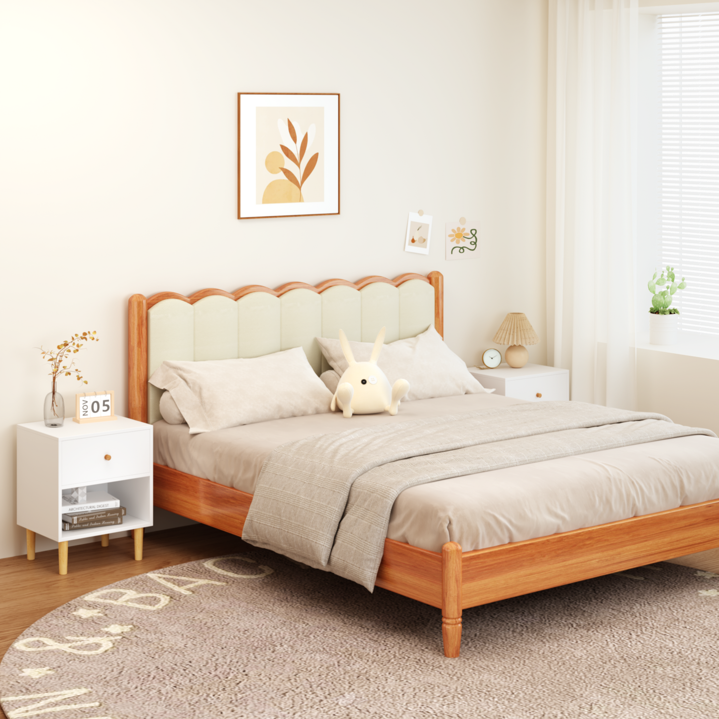 Modern wooden platform bed with plush upholstered headboard and neutral bedding