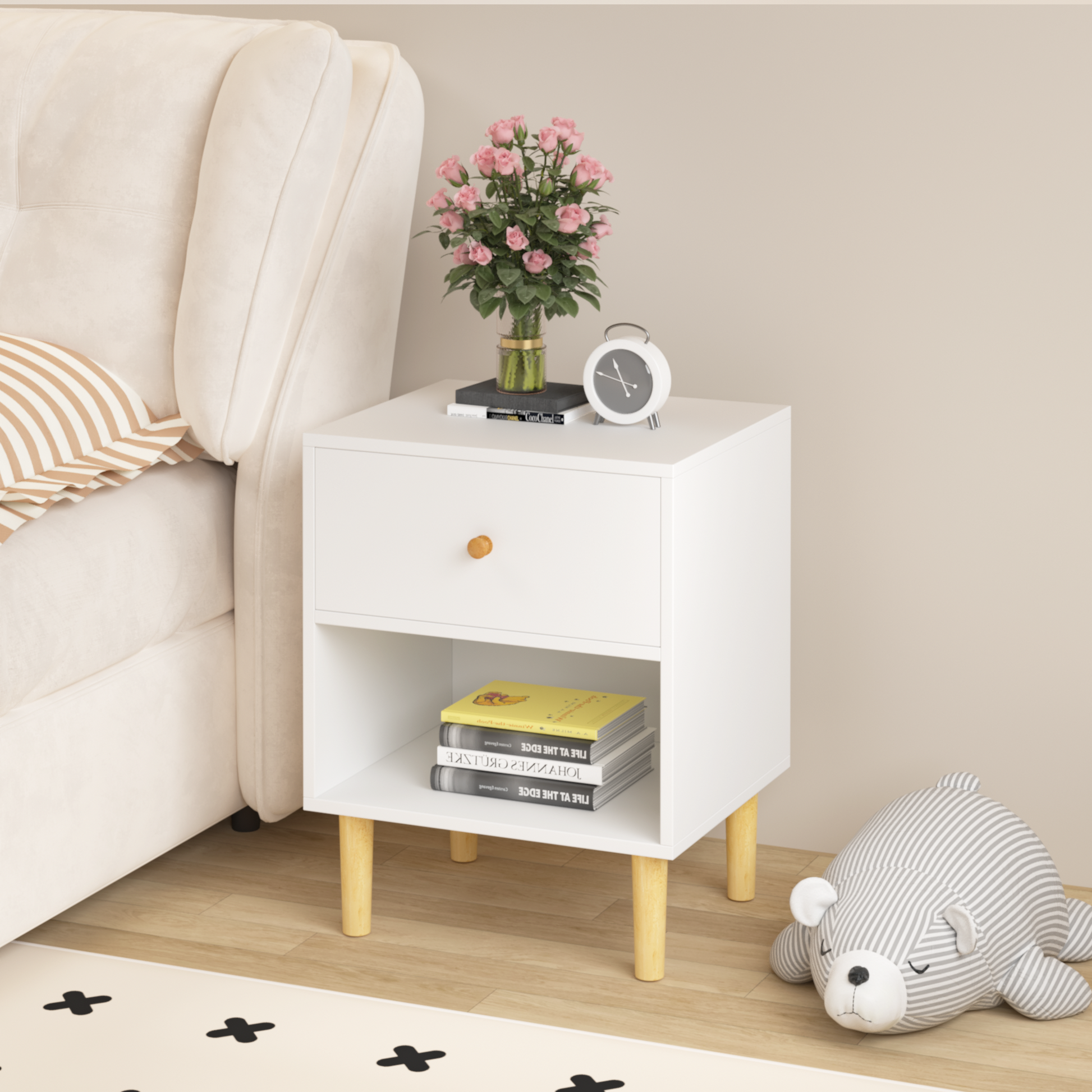 White modern bedside table with drawer and open shelf wooden legs
