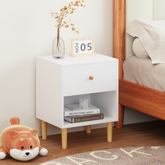 White modern nightstand with wood legs one drawer and open shelf for bedroom storage