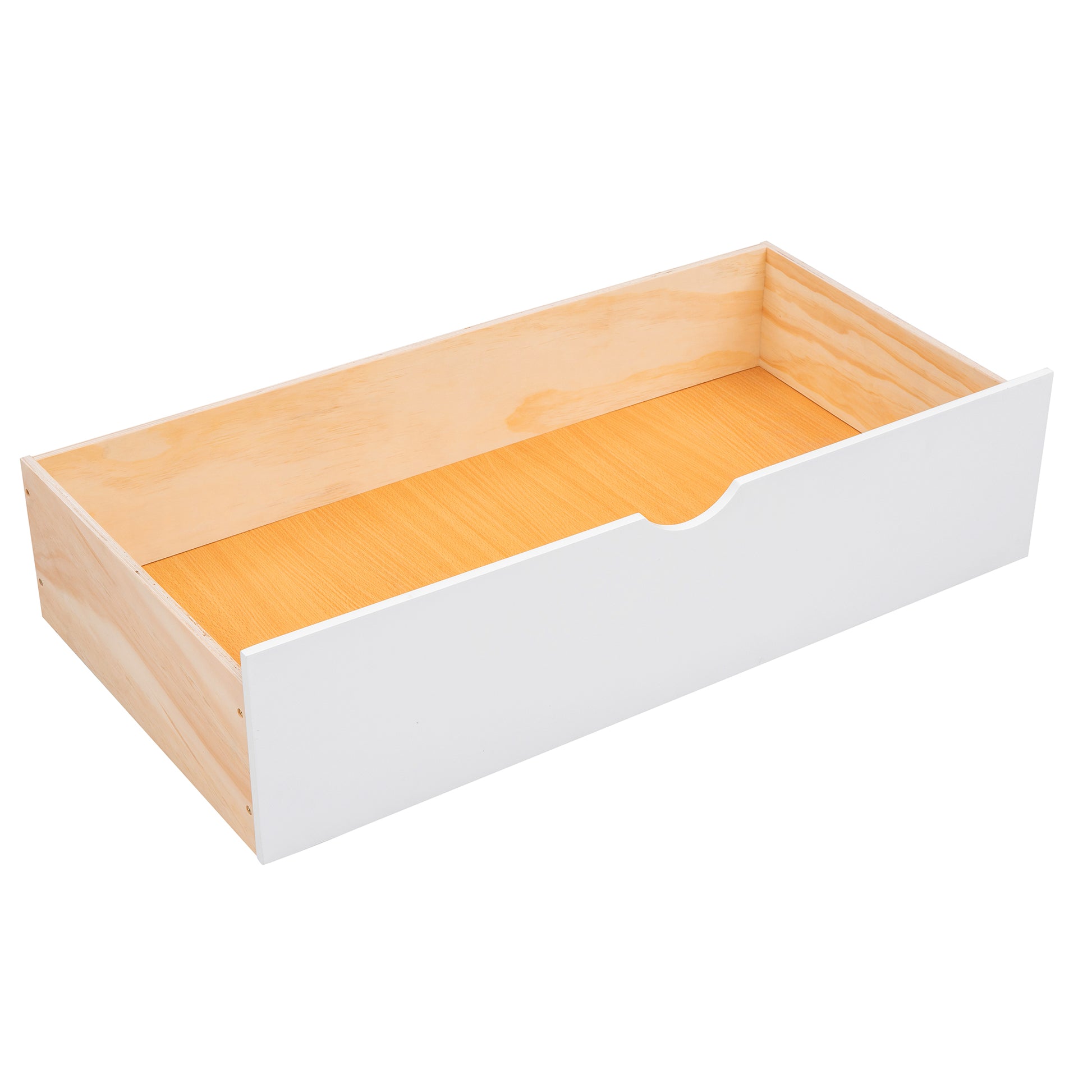 White painted wood drawer with natural pine sides and orange textured base