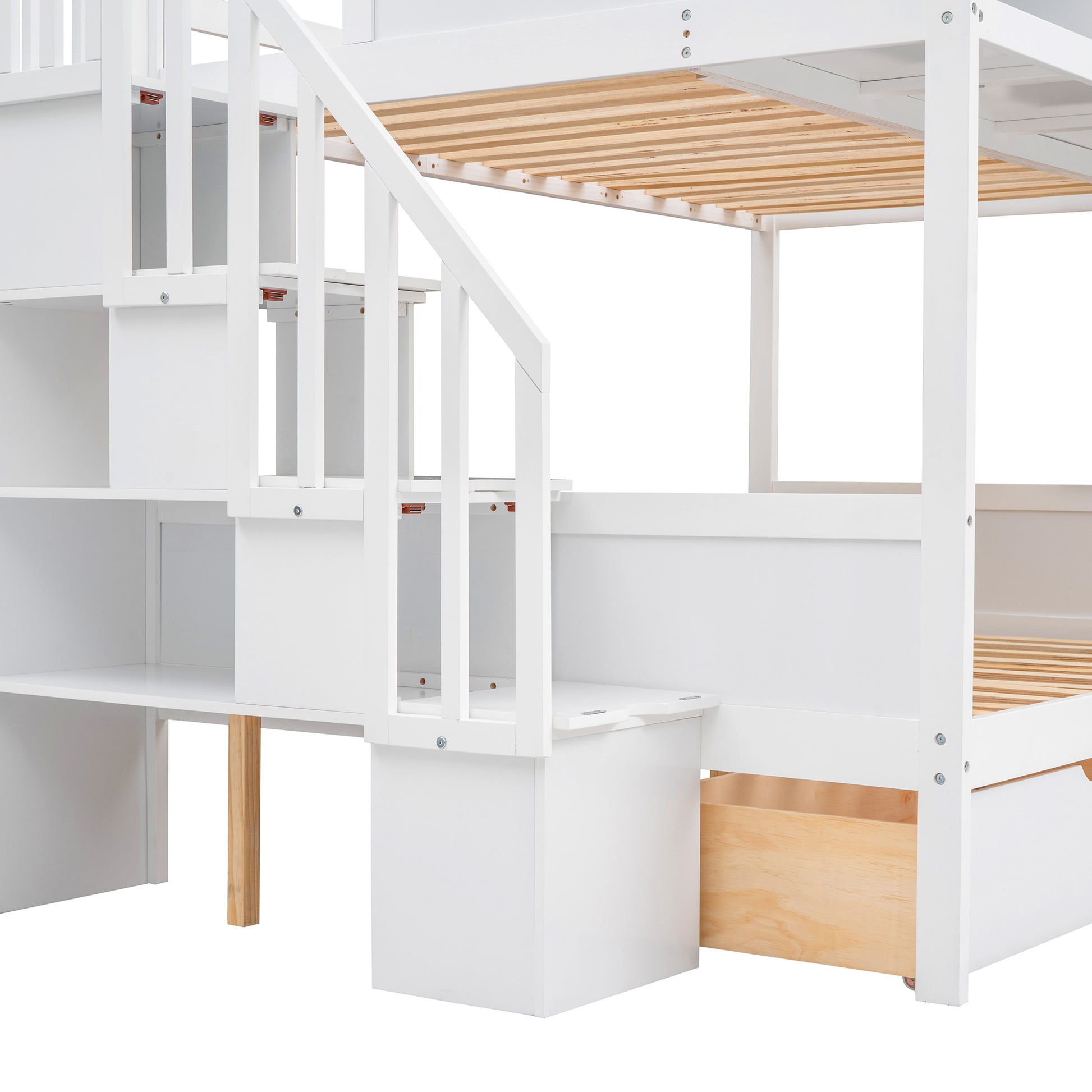 White bunk bed with builtin staircase and storage drawers