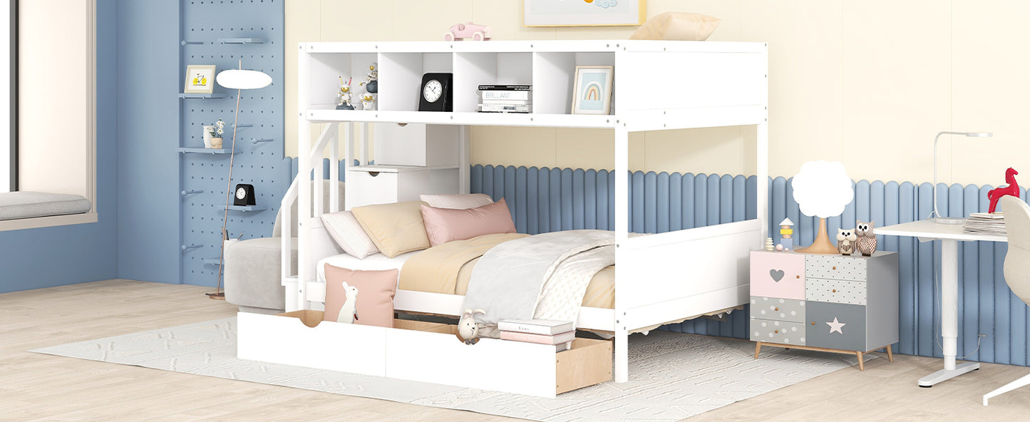 White wooden bunk bed with integrated shelving and storage drawers for kids