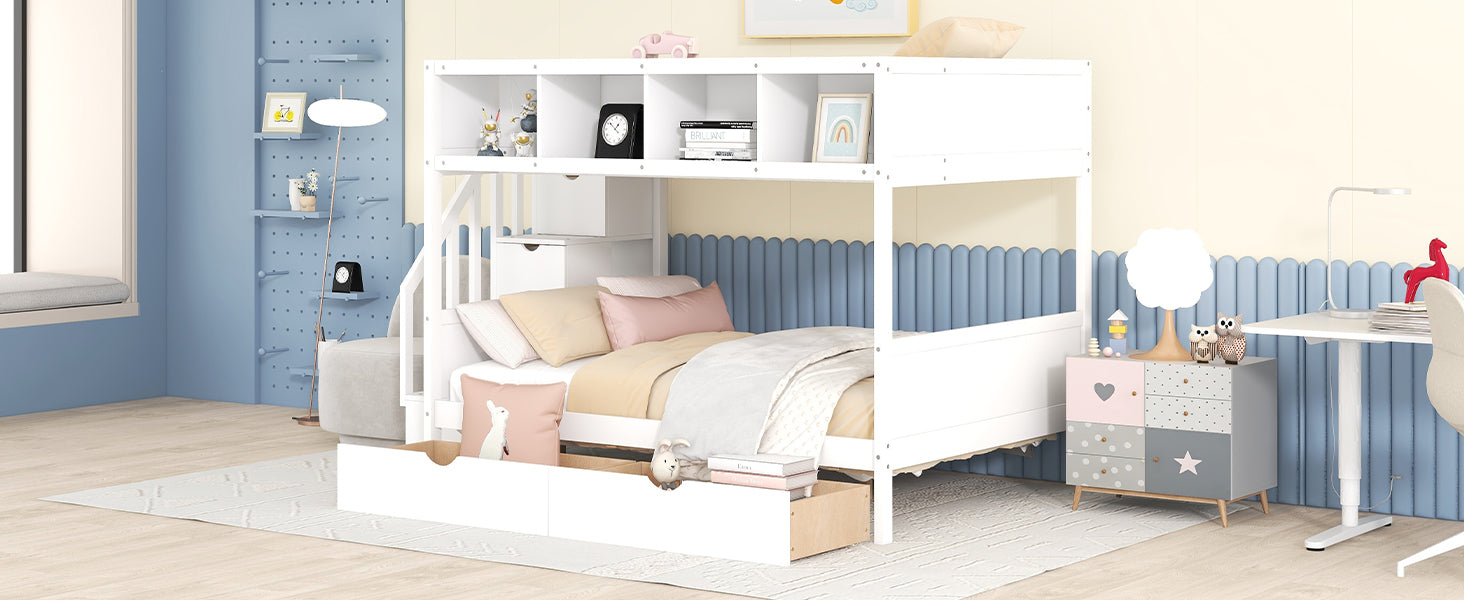 White wooden bunk bed with integrated shelving and storage drawers for kids