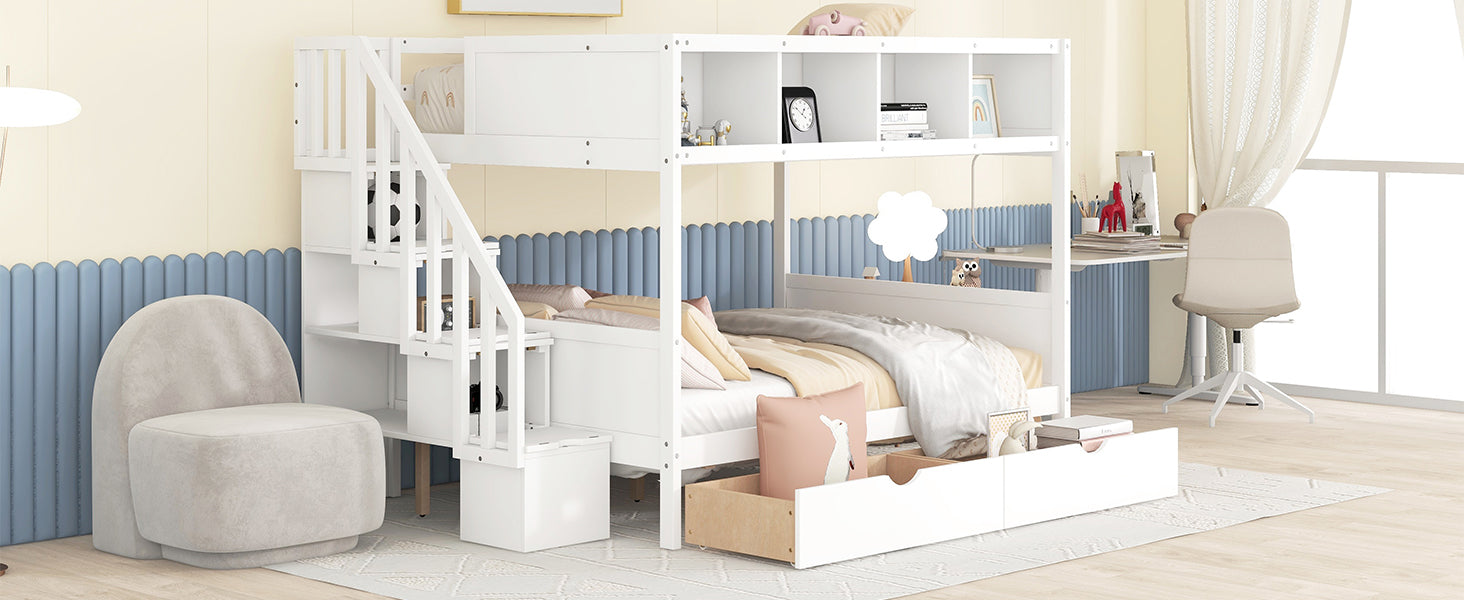 White wooden bunk bed with stairs and drawers