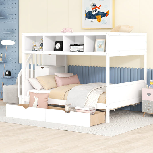 White bunk bed with stairs and storage drawers